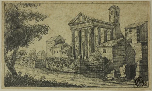 River Landscape with Roman Temple by Unknown Artist, drawing, 1700-1799