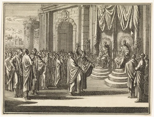 Profeet Micha voor Josafat en Achab by Caspar Luyken, print, 1712