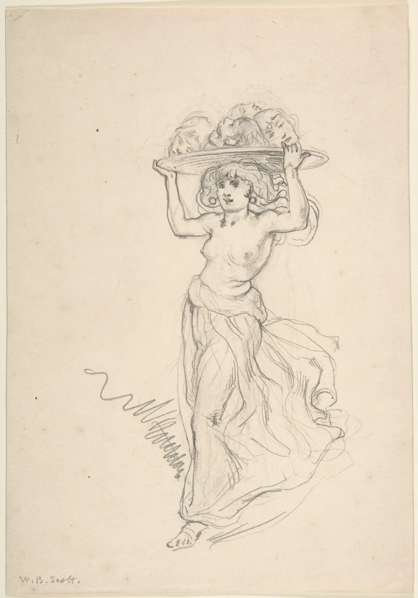 Girl Carrying a Tray with Four Heads by William Bell Scott, drawing, 1871-1881