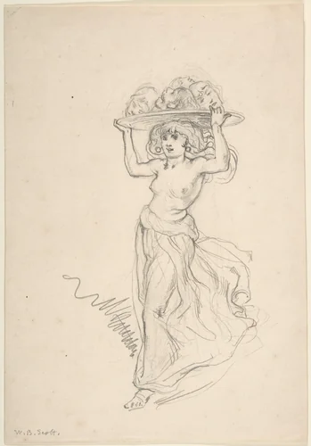 Girl Carrying a Tray with Four Heads by William Bell Scott, drawing, 1871-1881