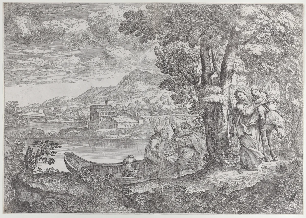Landscape with the flight into Egypt by Giovanni Francesco Grimaldi, print, 1626-1680