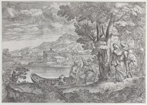 Landscape with the flight into Egypt by Giovanni Francesco Grimaldi, print, 1626-1680