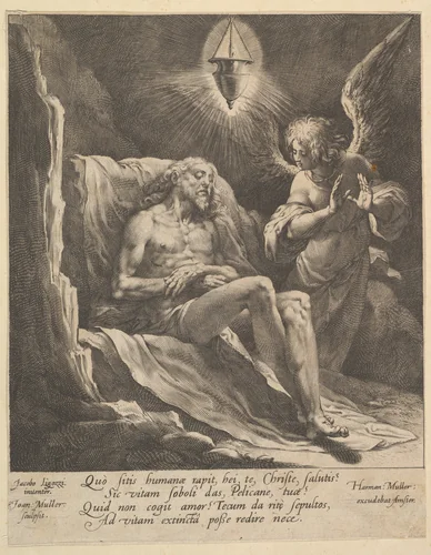 Dead Christ Lamented by an Angel by Jan Muller, print, 1590-1600