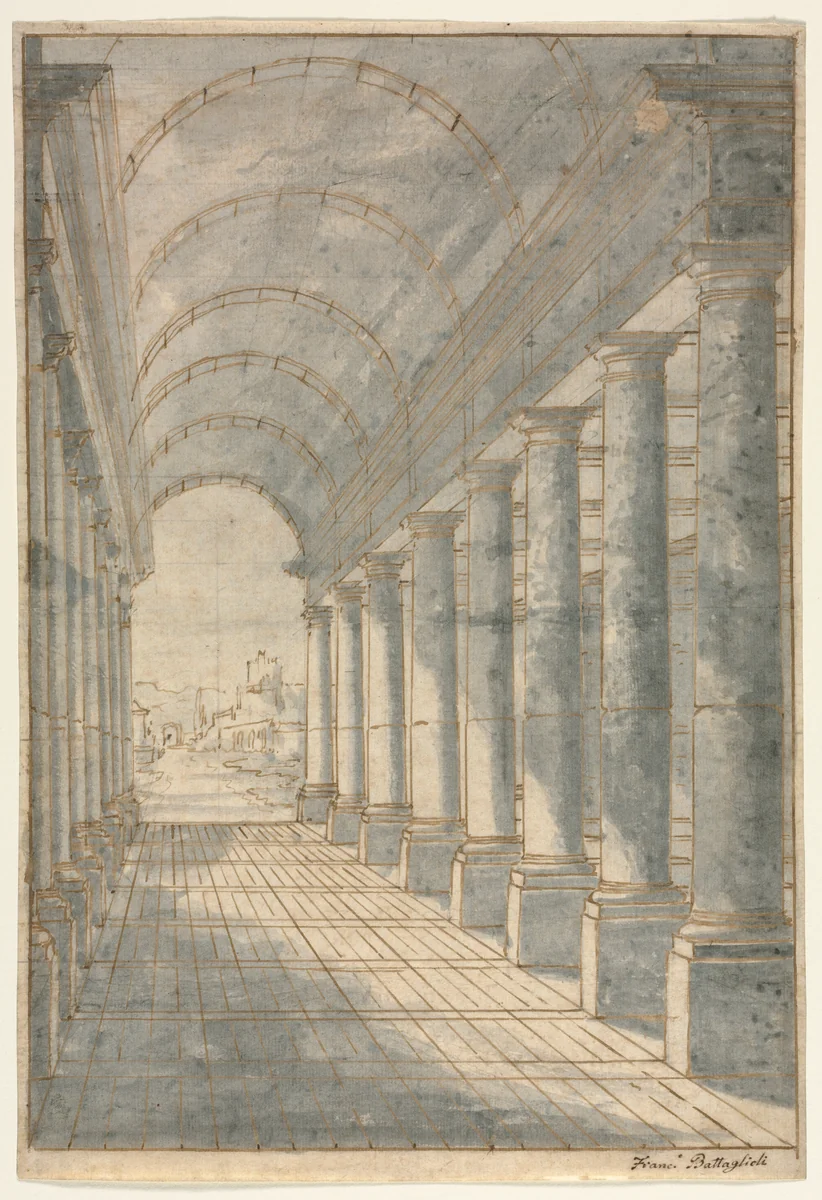 Barrel-Vaulted Arcade Rendered in Perspective by Francesco Battaglioli, drawing, 1780-1796