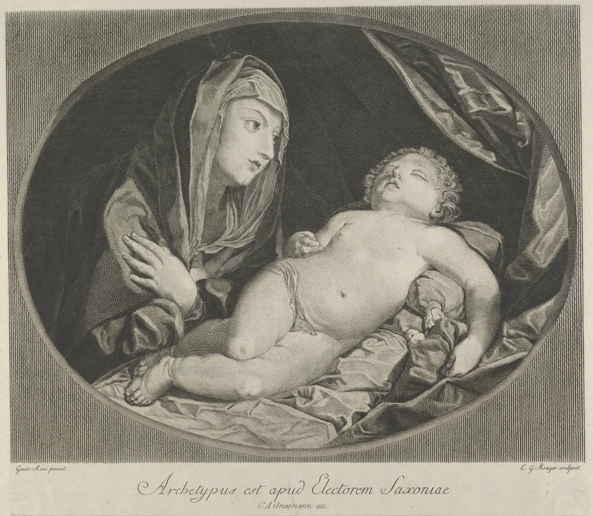 The Virgin with arms crossed over her chest looking at the sleeping infant Christ, in an oval frame, after Reni by Ephraim Gottlieb Krüger, print, 1770-1834