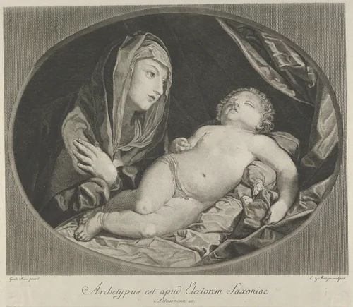 The Virgin with arms crossed over her chest looking at the sleeping infant Christ, in an oval frame, after Reni by Ephraim Gottlieb Krüger, print, 1770-1834