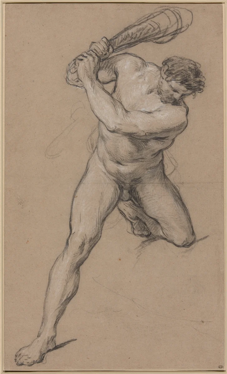 Hercules Raising his Club: Study for “Hercules and Cacus” by François Lemoyne, drawing, 1717