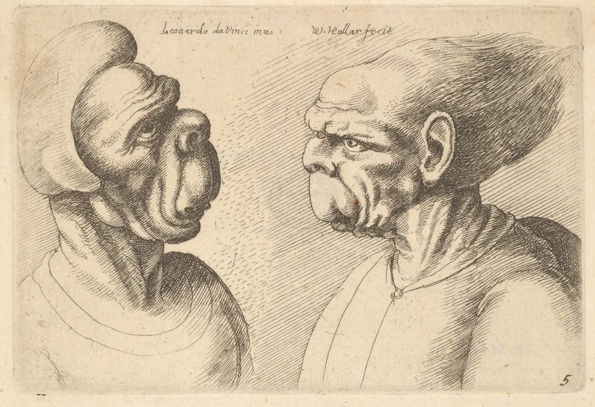 Two deformed heads facing inwards by Wenceslaus Hollar, print, 1645