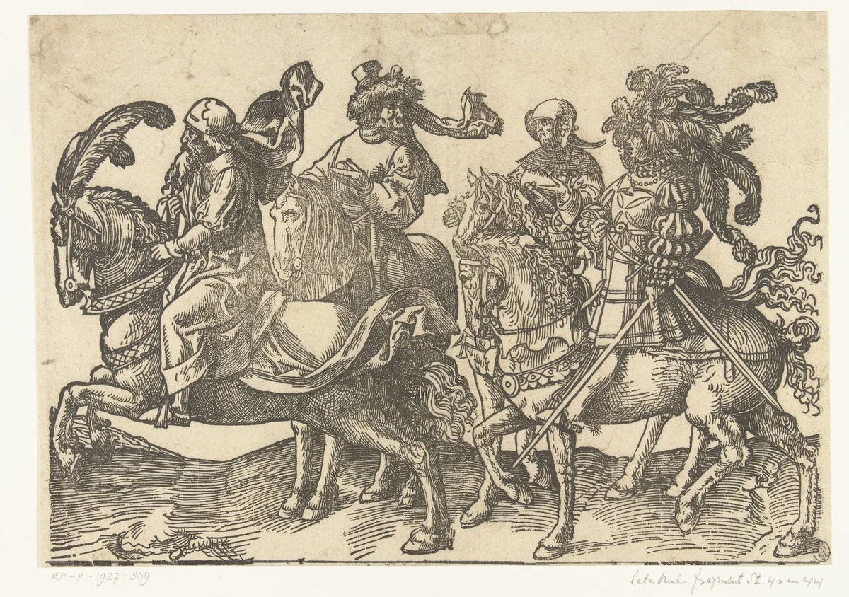 Twee ruiters, Willem V en Albrecht by Unknown, print, 1518-1533