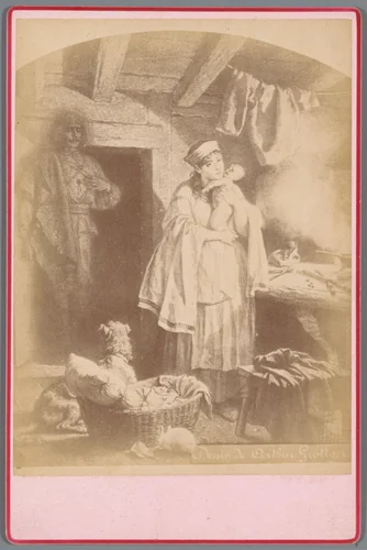 Fotoreproductie van de tekening door Arthur Grottger uit de serie Litouwen, voorstellende een vrouw met een baby met achter haar vermoedelijk een geestverschijning van een man by anonymous, photograph, 1870-1890