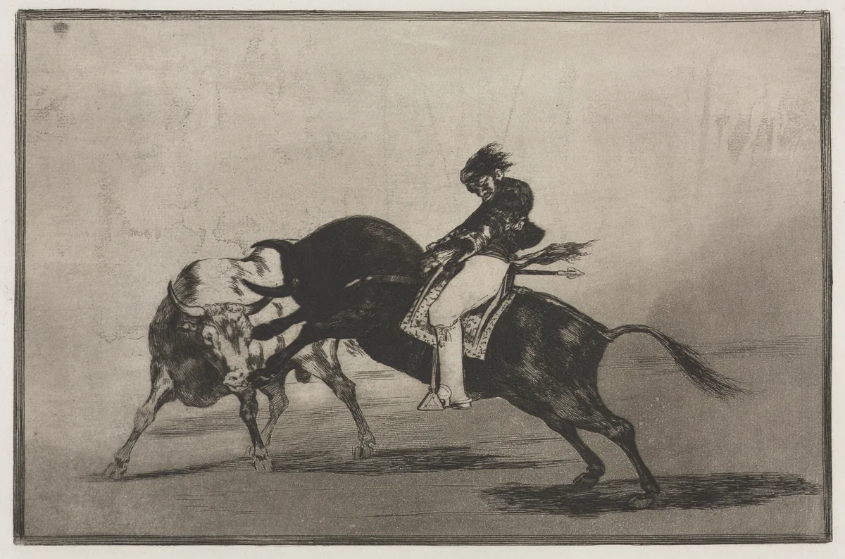 Bullfights: The Same Ceballos Mounted on Another Bull Breaks Short Spears in the Ring at Madrid by Francisco de Goya, print, 1816-1876