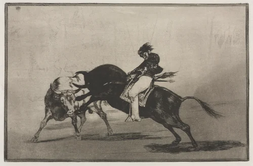 Bullfights: The Same Ceballos Mounted on Another Bull Breaks Short Spears in the Ring at Madrid by Francisco de Goya, print, 1816-1876