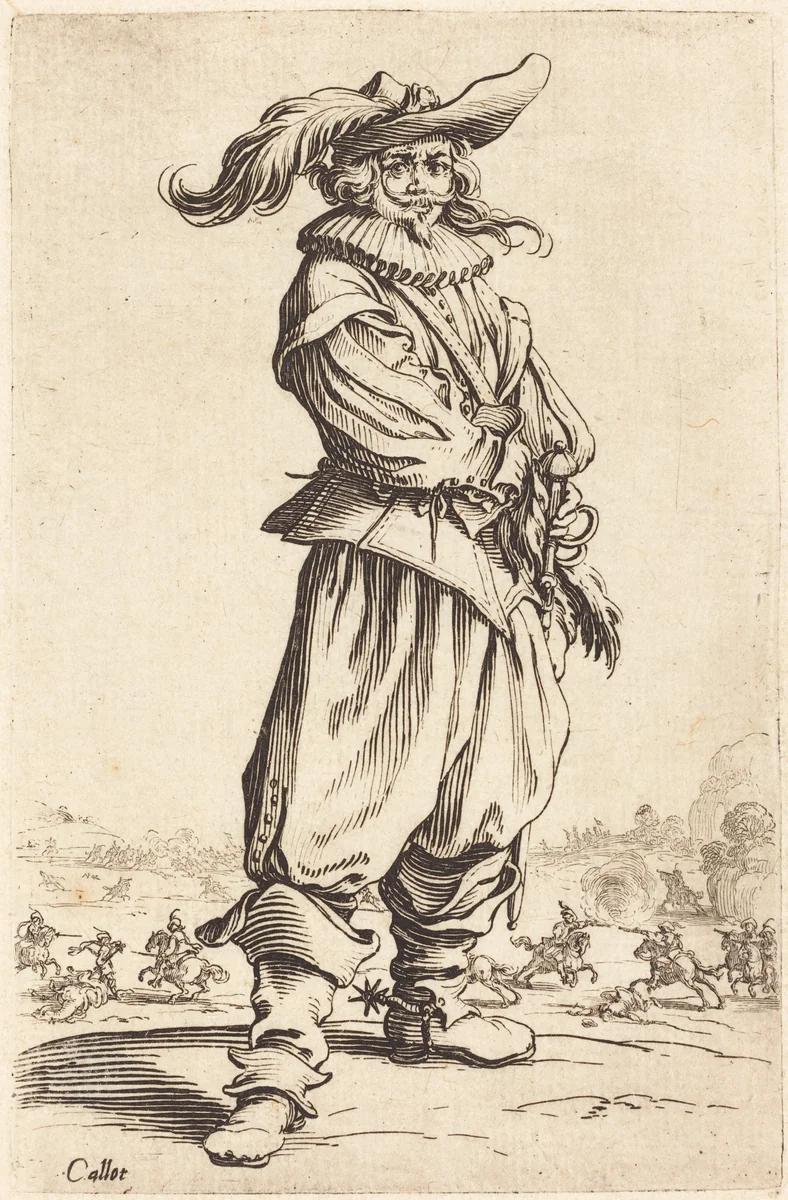 Soldier with Feathered Hat by Jacques Callot, print, 1620-1623