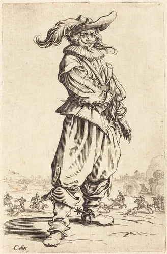 Soldier with Feathered Hat by Jacques Callot, print, 1620-1623