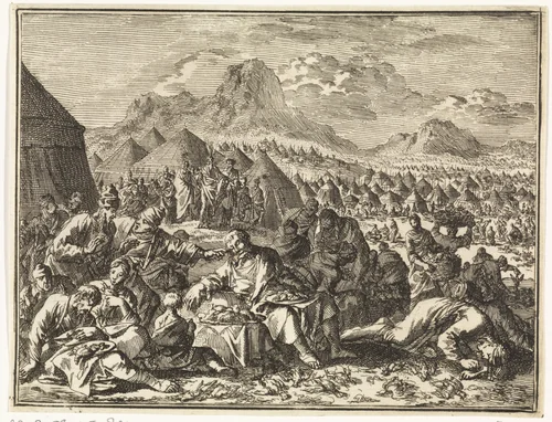 Israëlieten worden ziek van de kwartels die zij eten by Jan Luyken, print, 1712