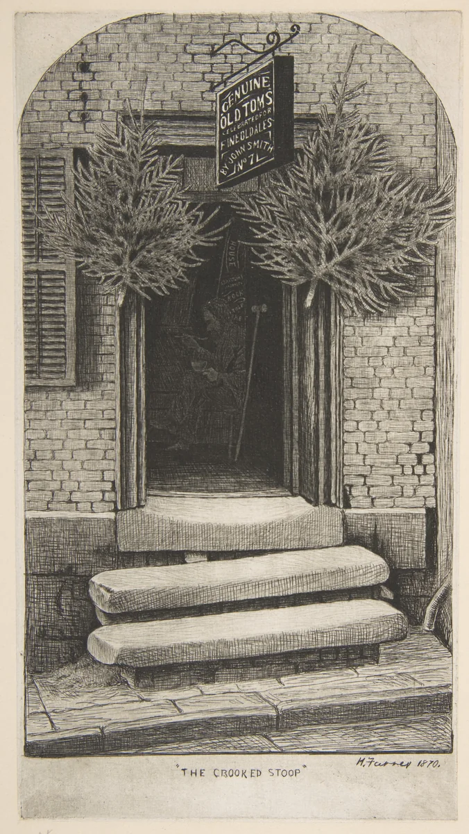 The Crooked Stoop (Old Tom's Chop House) (from Scenes of Old New York) by Henry Farrer, print, 1870