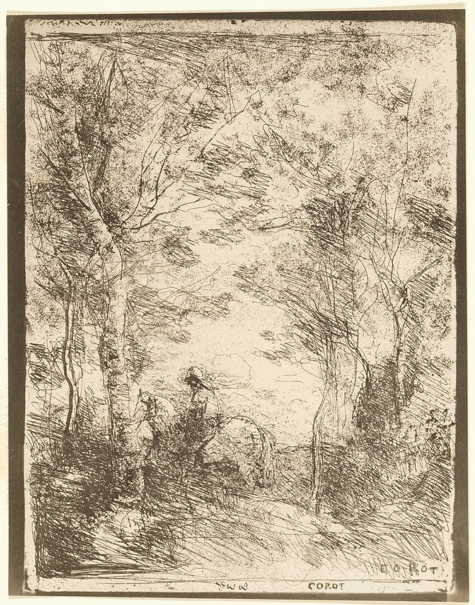 The Rider in the Woods, small plate by Jean-Baptiste-Camille Corot, print, 1854