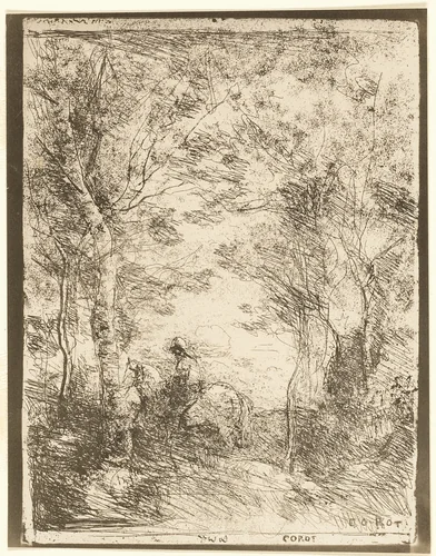 The Rider in the Woods, small plate by Jean-Baptiste-Camille Corot, print, 1854