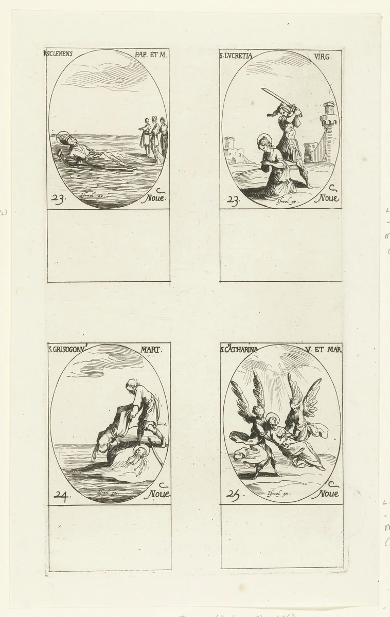 Heilige Clemens I, Heilige Lucretia van Mérida, Heilige Chrysogonus van Aquileia, Heilige Catharina van Alexandrië (23-25 november) by Jacques Callot, print, 1632-1636