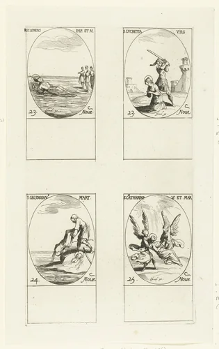 Heilige Clemens I, Heilige Lucretia van Mérida, Heilige Chrysogonus van Aquileia, Heilige Catharina van Alexandrië (23-25 november) by Jacques Callot, print, 1632-1636