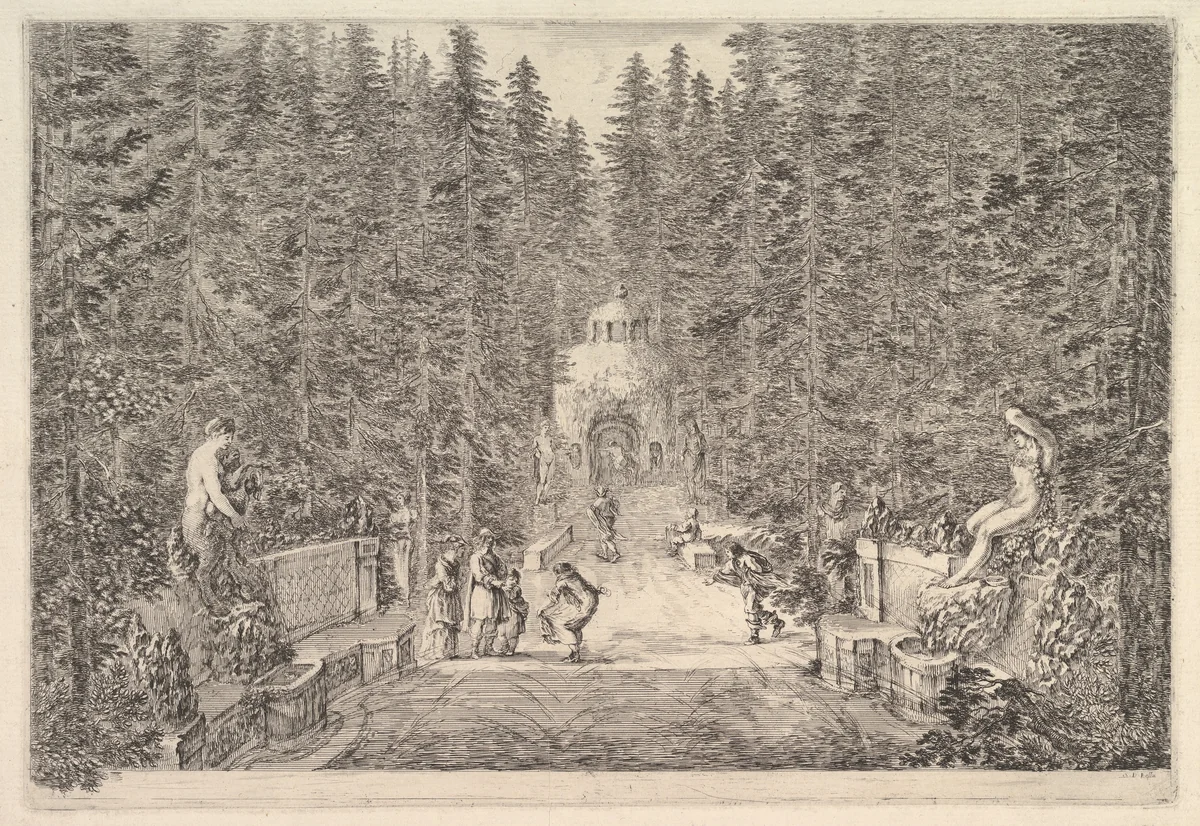 An avenue lined with statues in a pine forest, from "Views of the villa at Pratolino" (Vues de la villa de Pratolino) by Stefano della Bella, print, 1648-1658