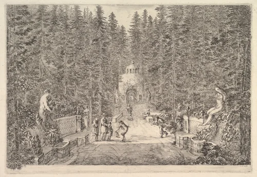 An avenue lined with statues in a pine forest, from "Views of the villa at Pratolino" (Vues de la villa de Pratolino) by Stefano della Bella, print, 1648-1658