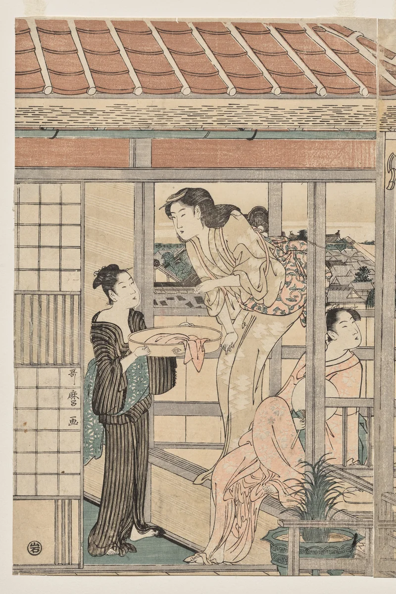 Women Hanging Laundry to Dry on a Balcony by Kitagawa Utamaro (喜多川歌麿), print, 1790-1794