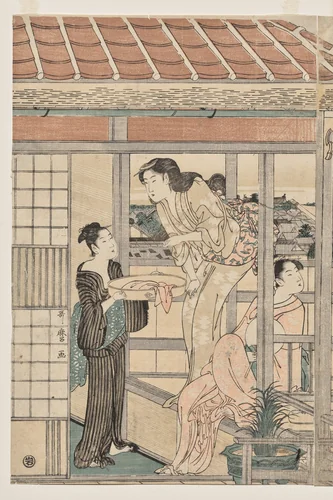 Women Hanging Laundry to Dry on a Balcony by Kitagawa Utamaro (喜多川歌麿), print, 1790-1794