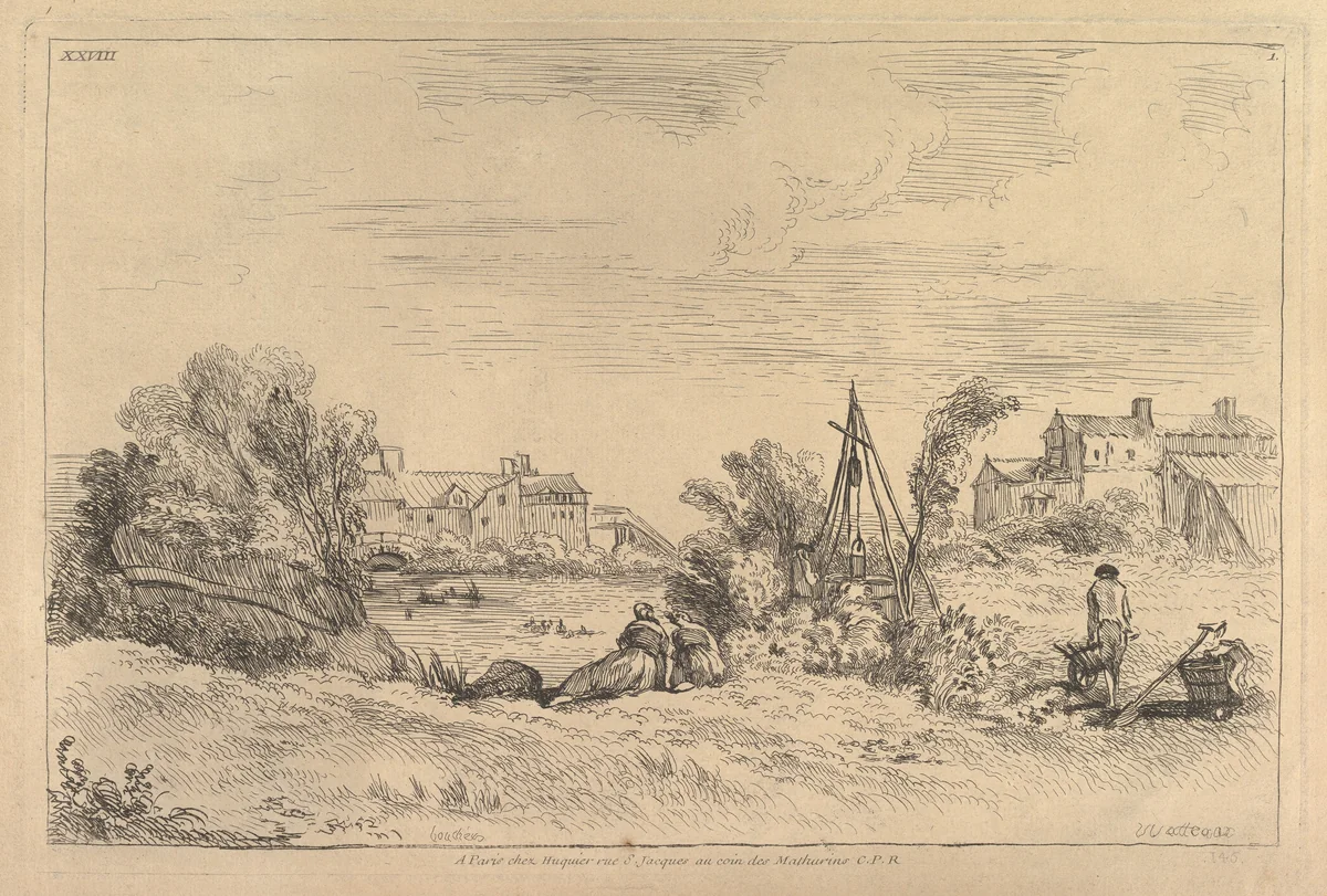 River Bank with Factories in the Background by François Boucher, print, 1720-1770