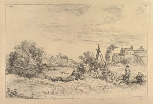 River Bank with Factories in the Background by François Boucher, print, 1720-1770