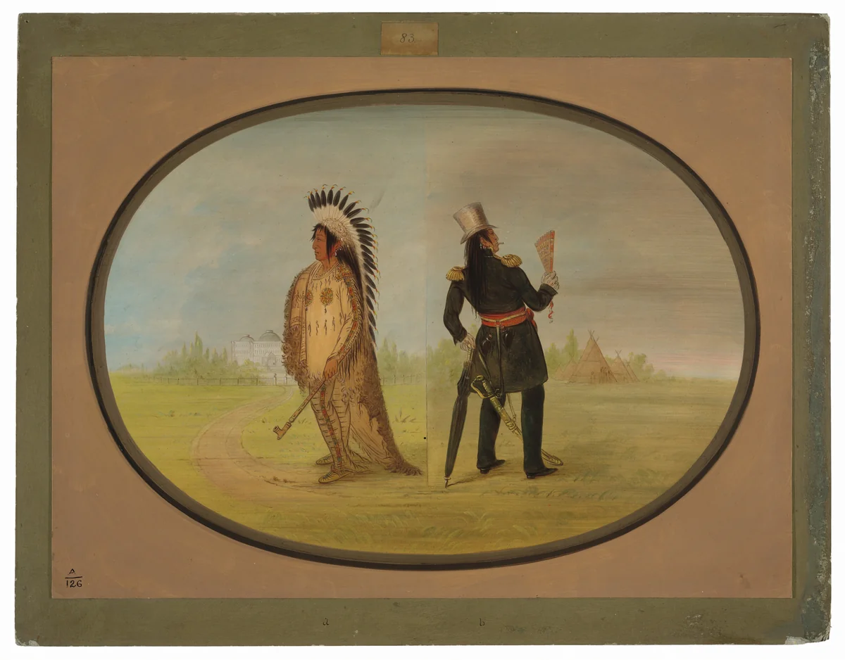 Assinneboine Chief before and after Civilization by George Catlin, painting, 1861-1869