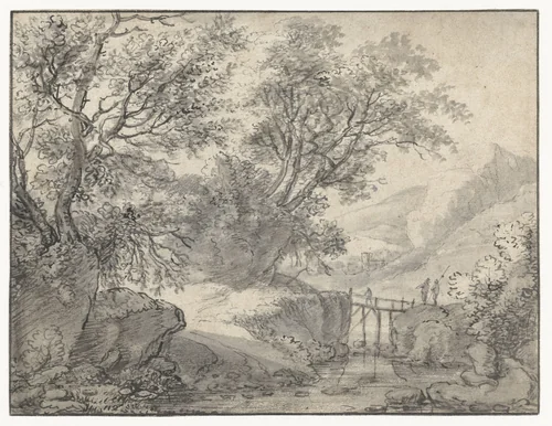 Berglandschap met bomen en een brug over een beek by Anthonie Waterloo, drawing, 1619-1690