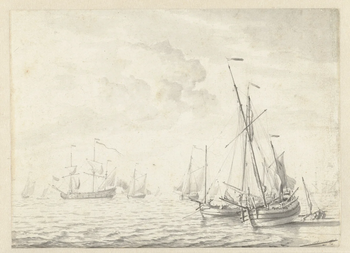 Zeegezicht met enkele schepen by Willem van de Velde, drawing, 1643-1707