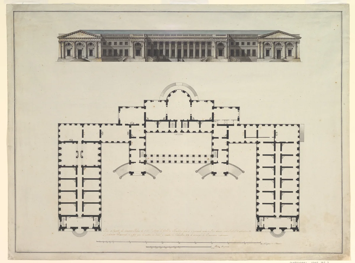 North Elevation and Ground Plan of the Alexander Palace at Tsarskoe Selo by Giacomo Quarenghi, drawing, 1792-1796