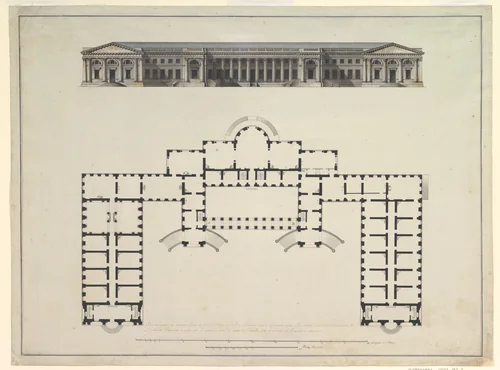 North Elevation and Ground Plan of the Alexander Palace at Tsarskoe Selo by Giacomo Quarenghi, drawing, 1792-1796