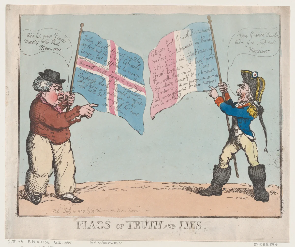 Flags of Truth and Lies by Thomas Rowlandson, print, 1803