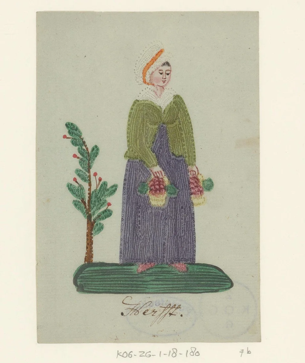 Vrouw geeft bloemen in een tuinvaas water by anonymous, drawing, 1800-1899