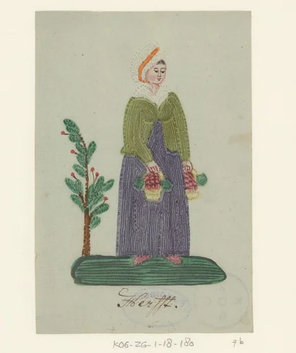 Vrouw geeft bloemen in een tuinvaas water by anonymous, drawing, 1800-1899