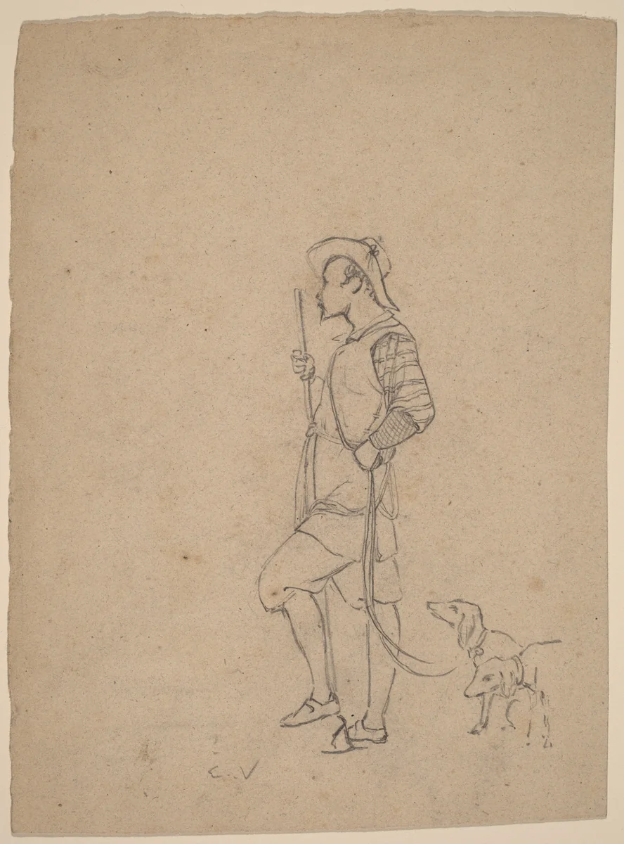 Study of Hunter with Dogs by Elihu Vedder, drawing, 1858