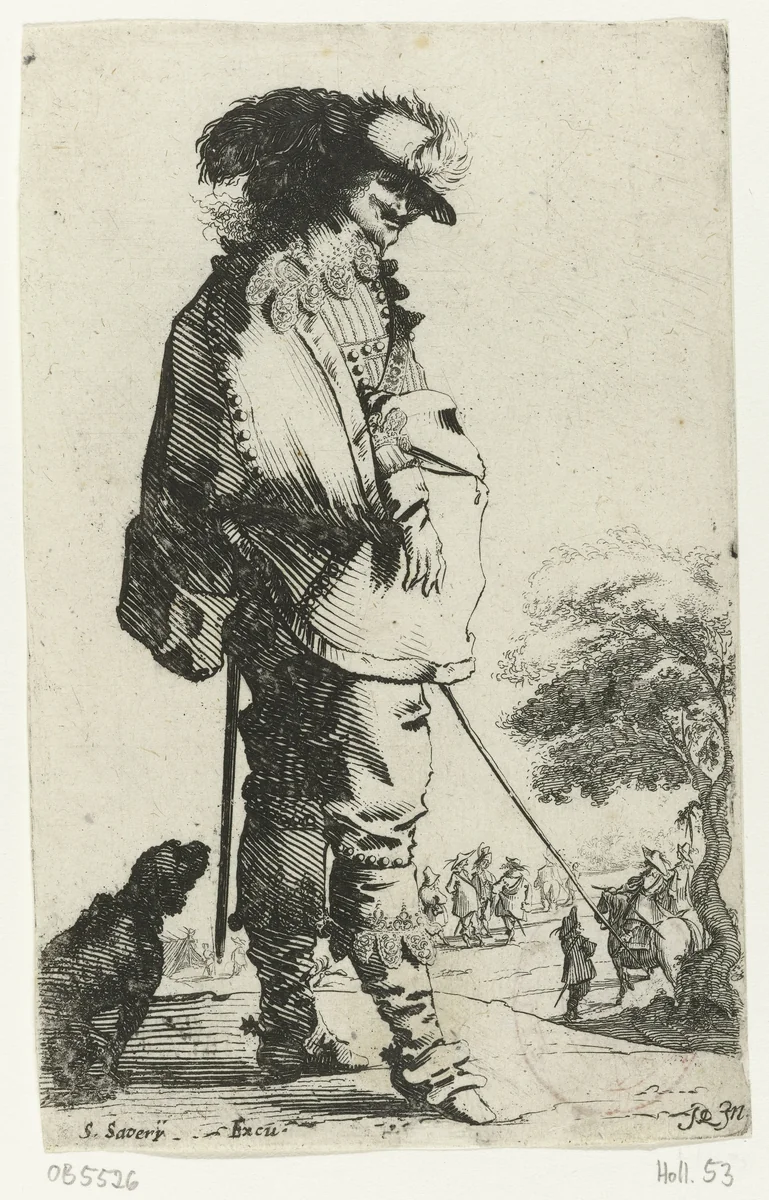 Staande cavalier met stok, achter hem een hond by Salomon Savery, print, 1633-1665