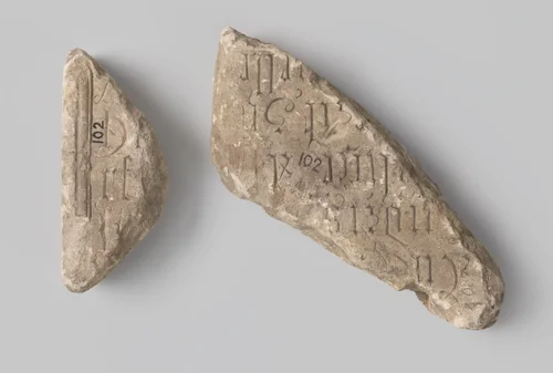 Epitaaf of memorietafel, opgegraven te Utrecht bij het oude Minderbroederklooster (fragmenten) by anonymous, sculpture, 1400-1950