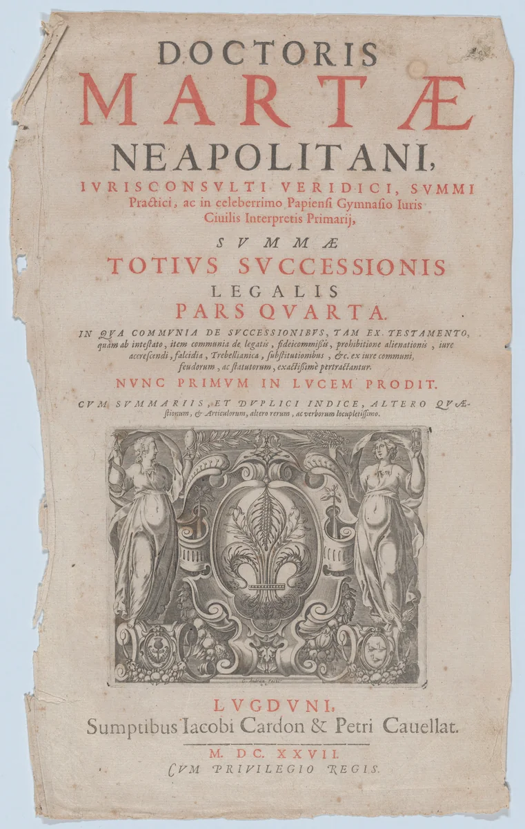 Title page vignette for 'Doctoris Martae Neapolitani' by Charles Audran, print, 1627