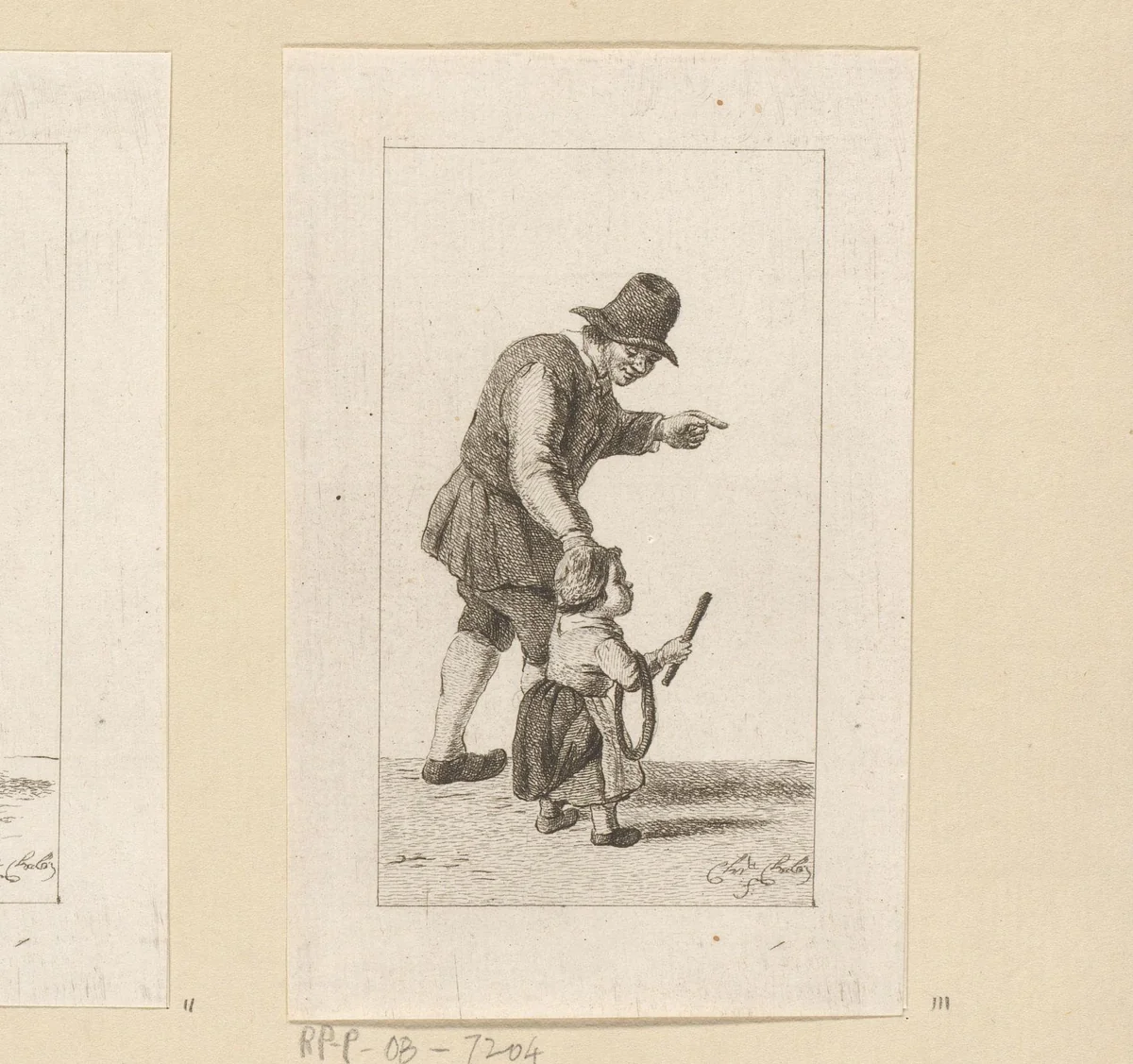 Staande man met kind met hoepel by Pieter de Mare, print, 1779