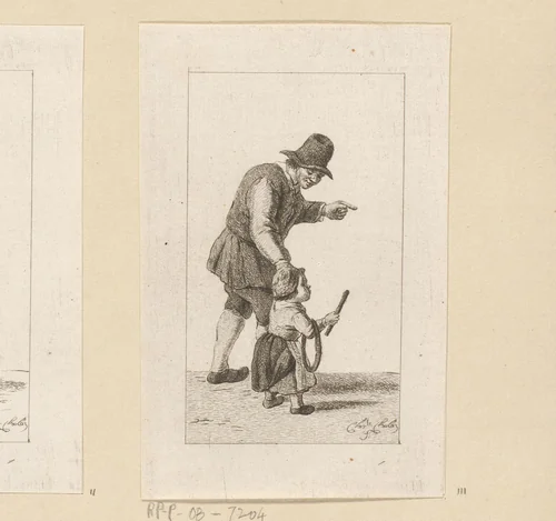 Staande man met kind met hoepel by Pieter de Mare, print, 1779