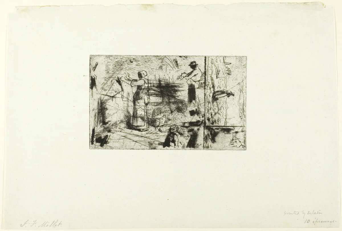 Sketches of Three Subjects by Jean-François Millet, print, 1855