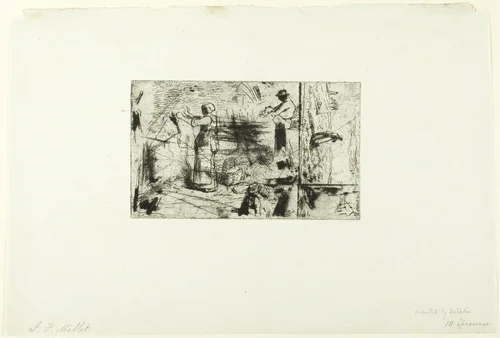 Sketches of Three Subjects by Jean-François Millet, print, 1855