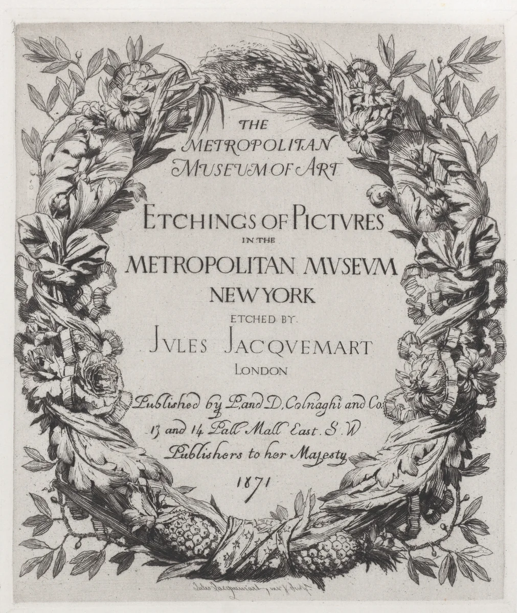 Title page from "Etchings of Pictures in the Metropolitan Museum New York" by Jules Ferdinand Jacquemart, print, 1871