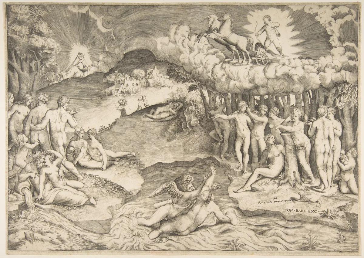 The triumph of love, cupid riding a chariot drawn by unicorn is in the upper right, naked figures fill the composition by Giulio Bonasone, print, 1545