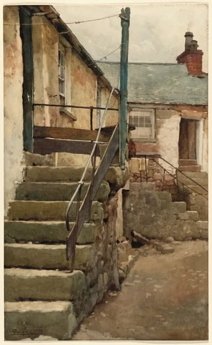 The Steps of a House at Mousehole, Cornwall by Walter Langley, drawing, 1880