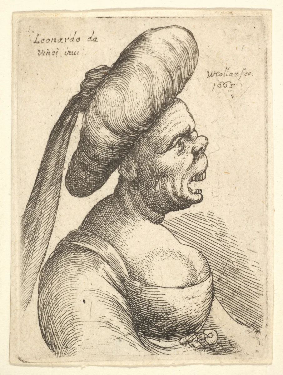 Bust of woman with wide open mouth and up-turned nose, wearing large flat turban with cloth hanging down behind in profile to right by Wenceslaus Hollar, print, 1665